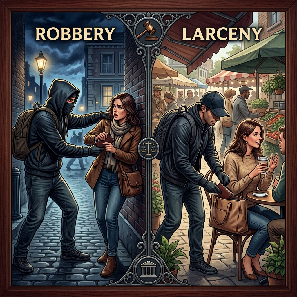 Understand how robbery and larceny differ, why one is treated as a violent offense, and what that means for charges, defenses, and penalties.