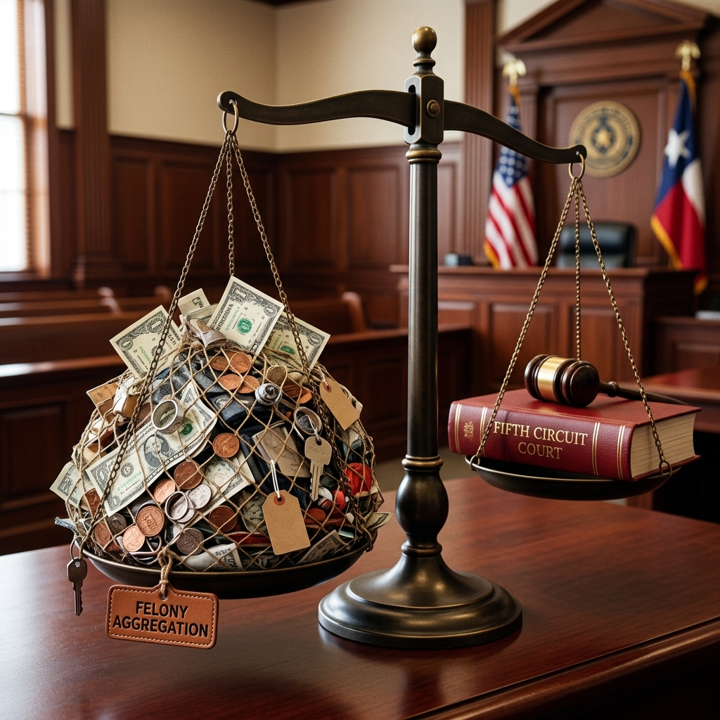 How the Fifth Circuit treats repeated low-value thefts and when prosecutors may charge one felony instead of many misdemeanors.