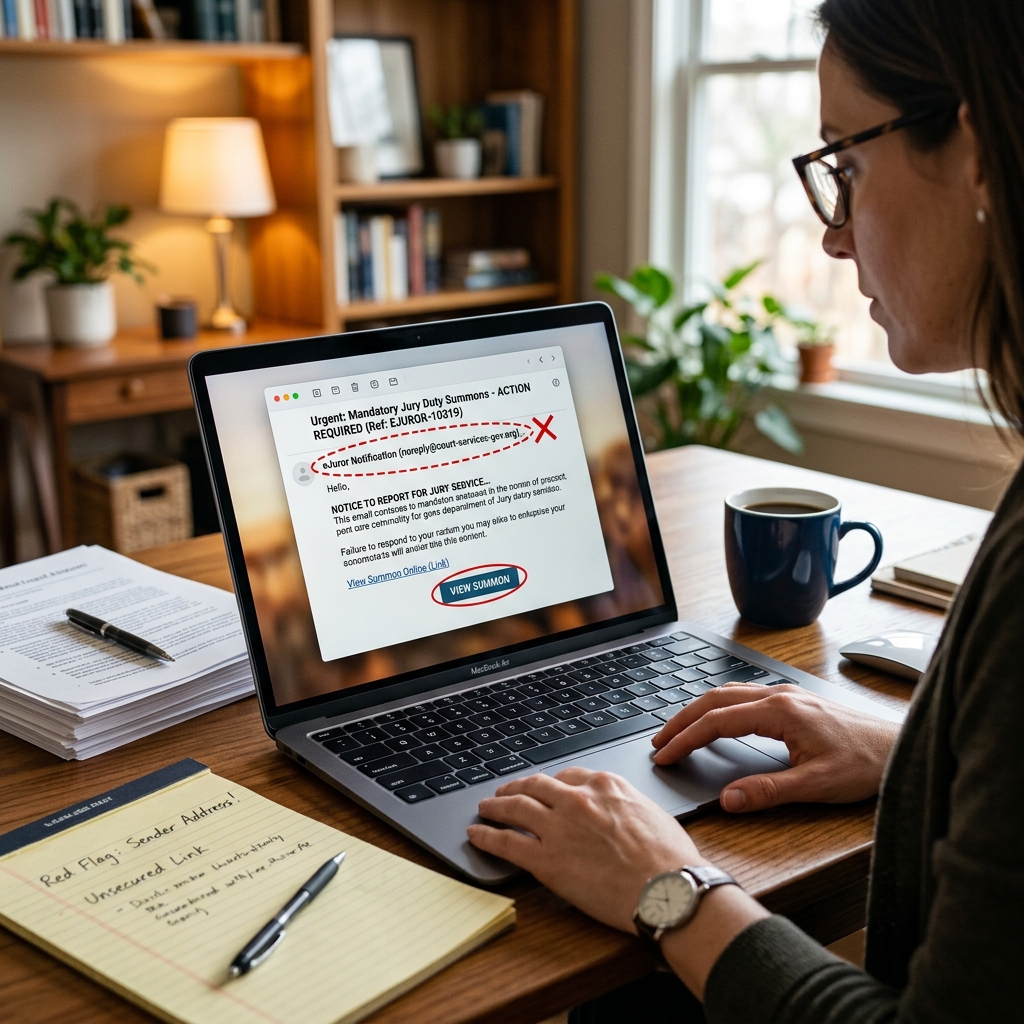 Learn how to recognize fake eJuror jury duty messages, protect your identity, and safely respond when you receive suspicious court-related communications.