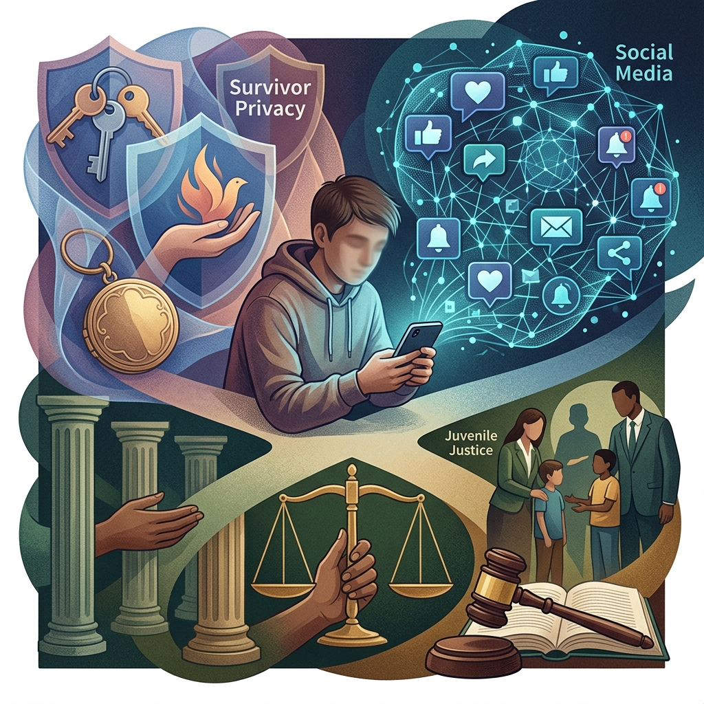 How one survivor’s public stand exposed the tension between court secrecy, accountability, and digital speech.