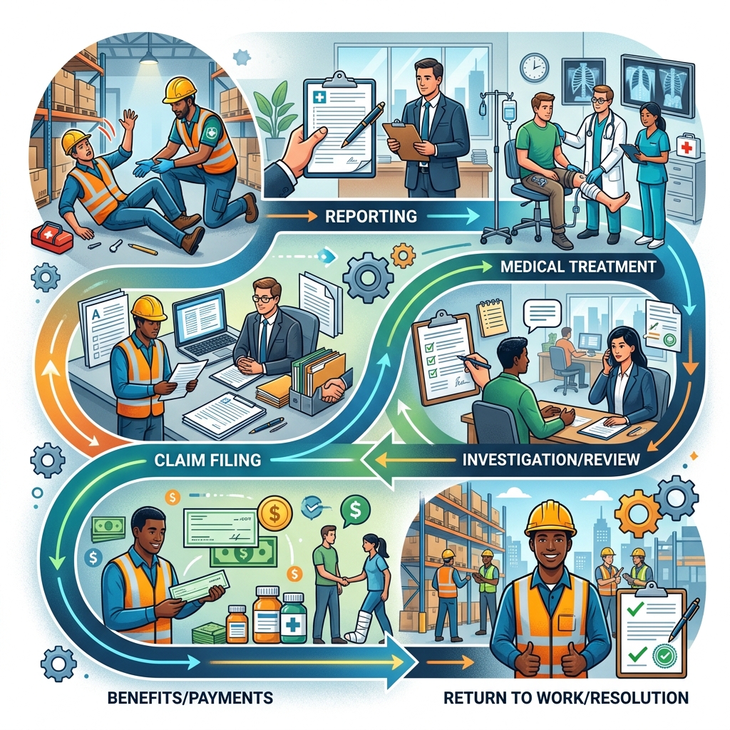 Learn what happens at every stage of a workers’ compensation case, from the day of injury through benefits, disputes, and final resolution.