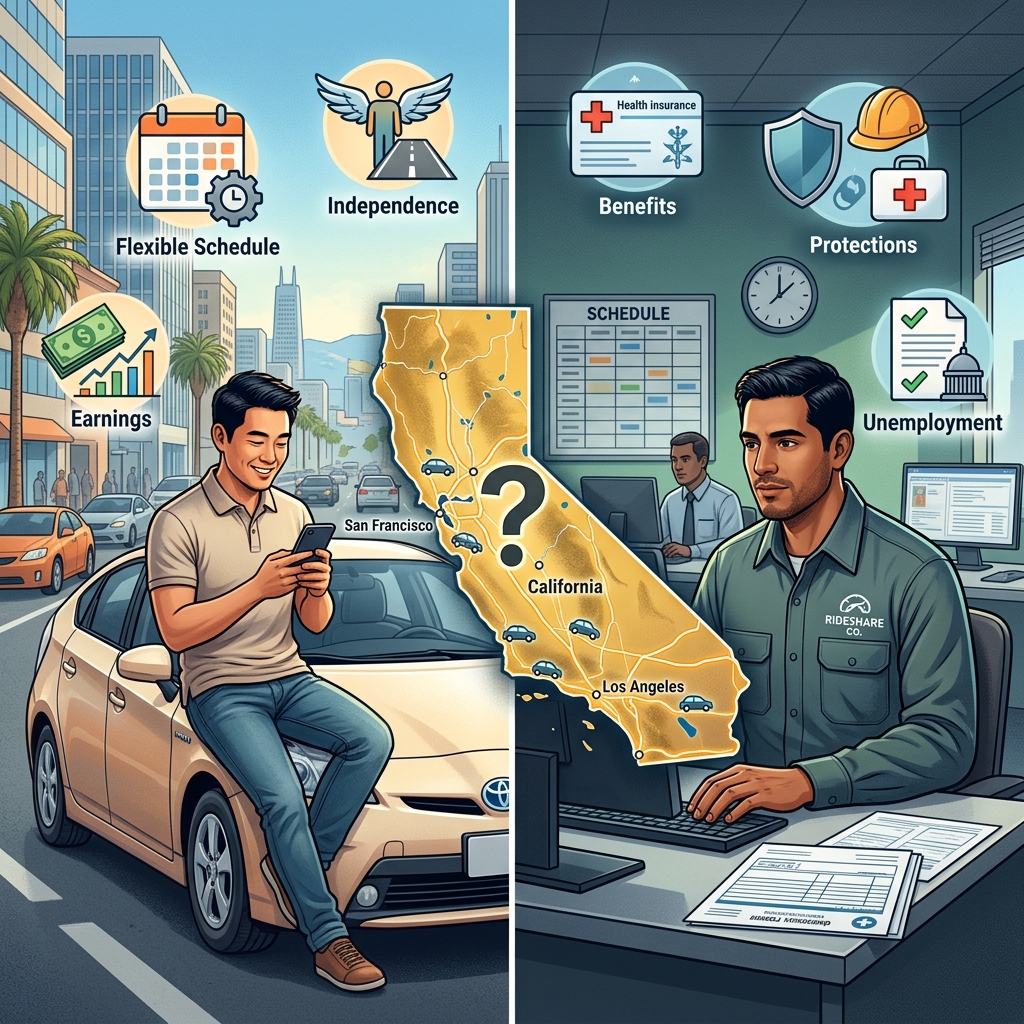 A detailed look at how California labor laws, AB5 and Proposition 22 shape the legal status, rights, and protections of Uber and Lyft drivers.