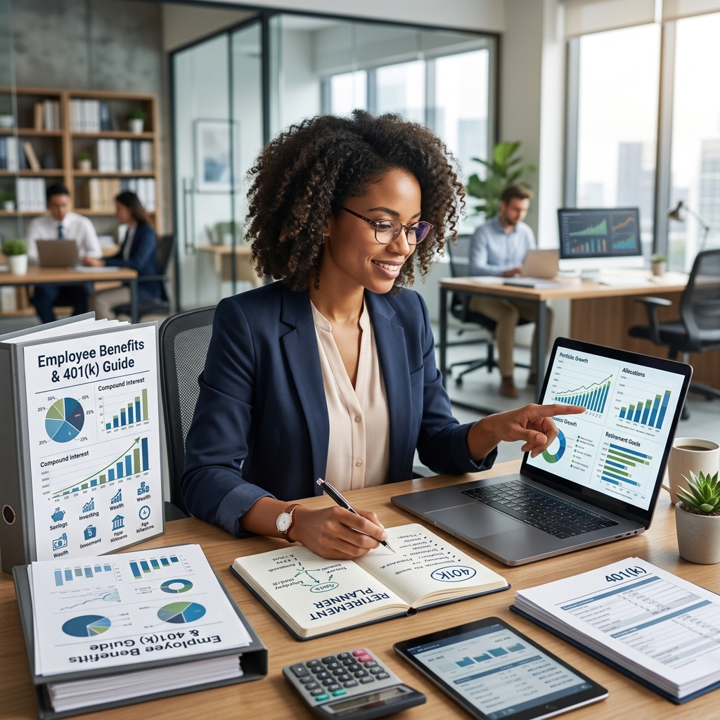 A practical employee guide to 401(k) retirement plans, tax advantages, contributions, and key decisions.