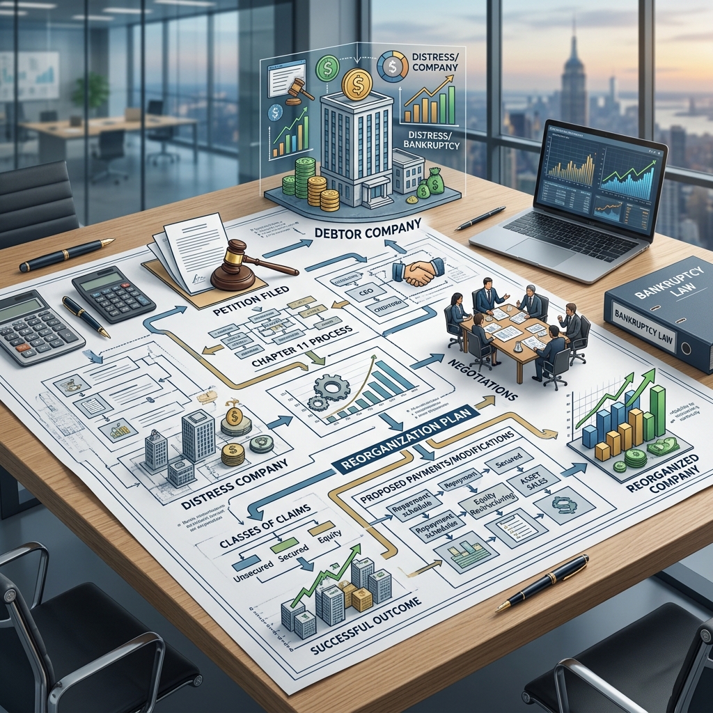 A practical guide to how Chapter 11 and other reorganization plans work, from proposal and creditor voting to court approval and implementation.