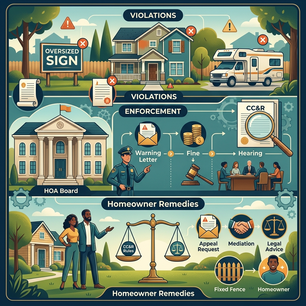 A practical homeowner’s guide to covenant violations, HOA enforcement tools, and your legal options when conflicts arise.