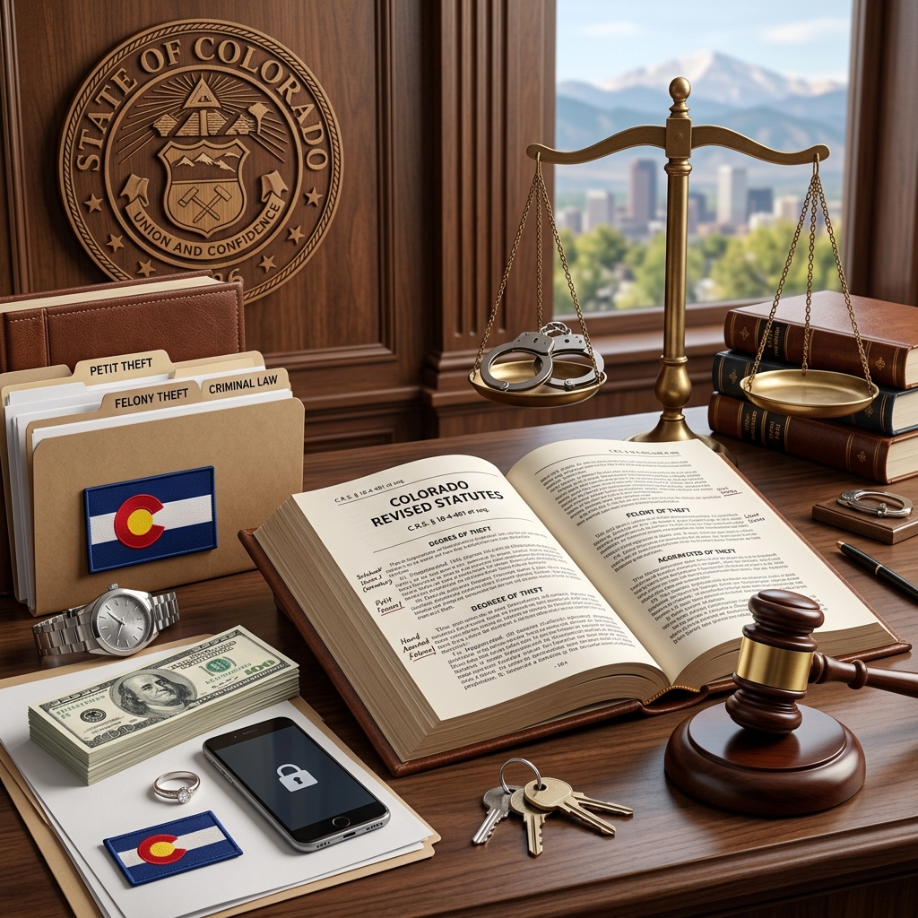 A practical, plain‑English guide to how Colorado defines, classifies, and punishes theft offenses for property, money, and services.