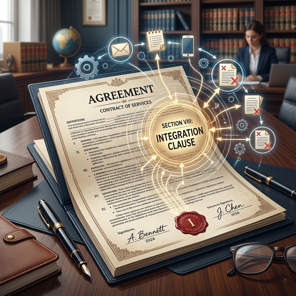 Learn how integration clauses define the final written agreement, limit outside evidence, and shape contract disputes in practice.