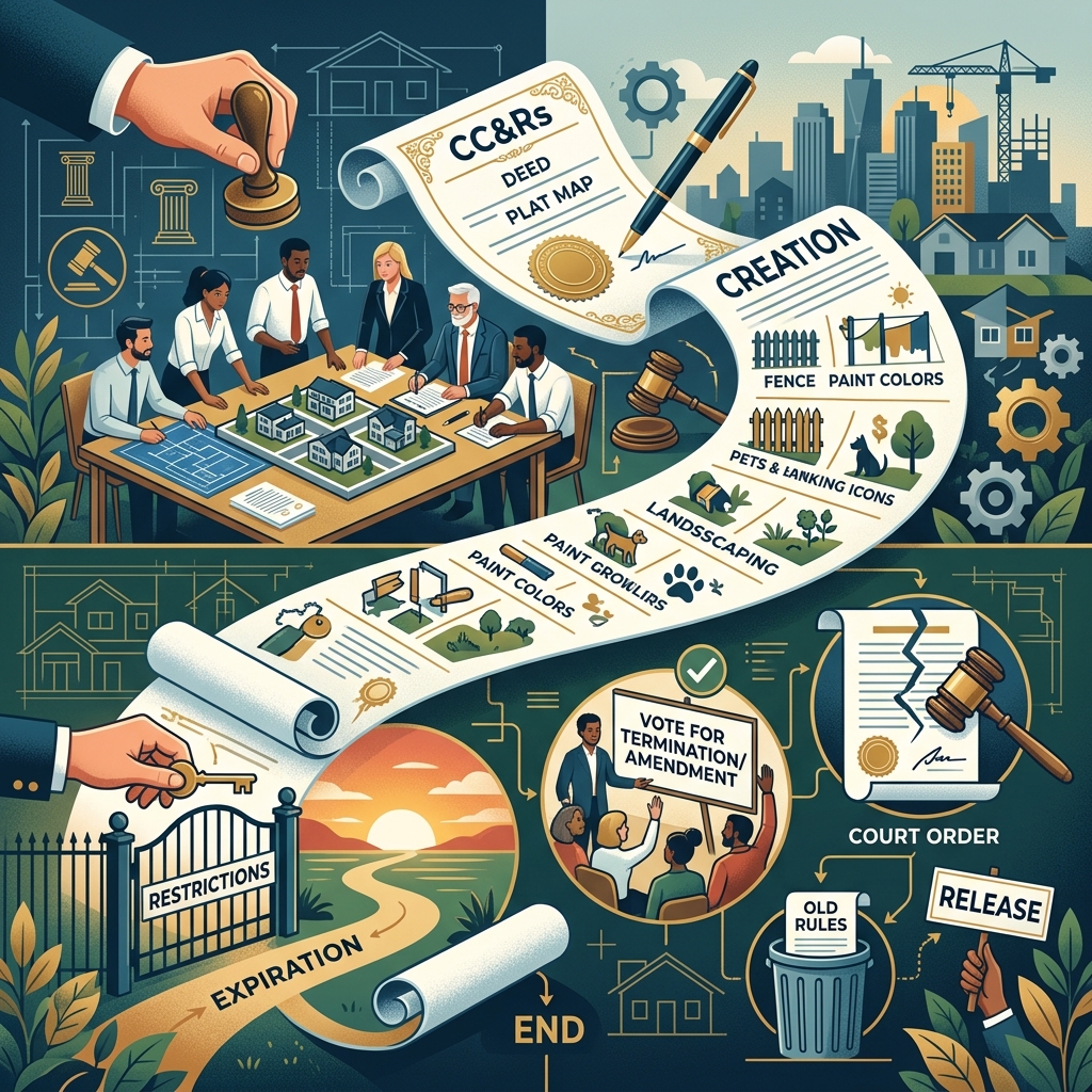 Understanding the Creation and End of CC&Rs A practical guide for homeowners and buyers on how CC&Rs are created, enforced, changed, and eventually terminated in common-interest communities.