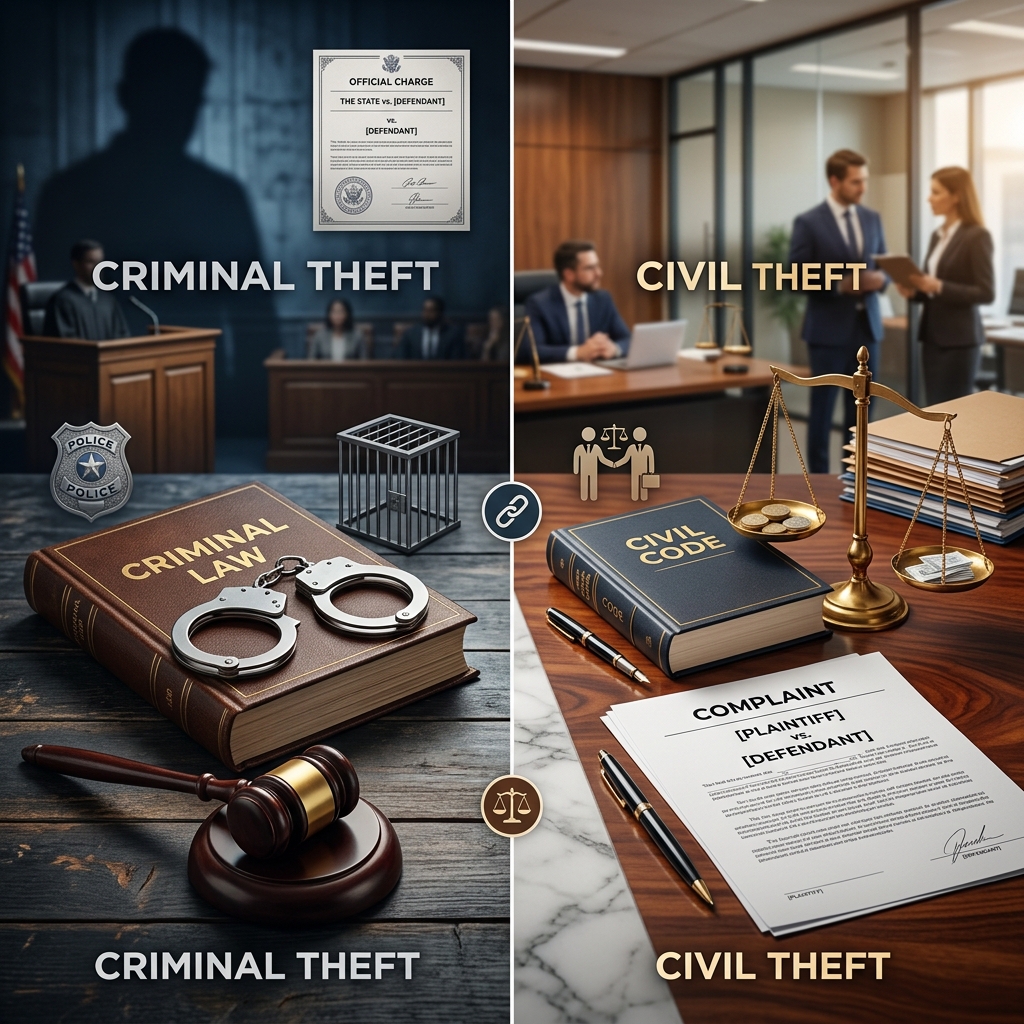 Explore how criminal theft and civil theft differ in purpose, proof, penalties, and remedies, and why the same conduct can lead to two separate legal cases.