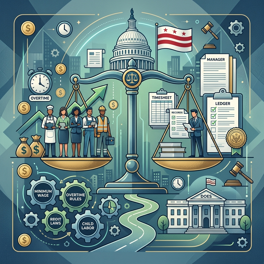 A practical guide to minimum wage, overtime, pay frequency, and worker protections in the District of Columbia.