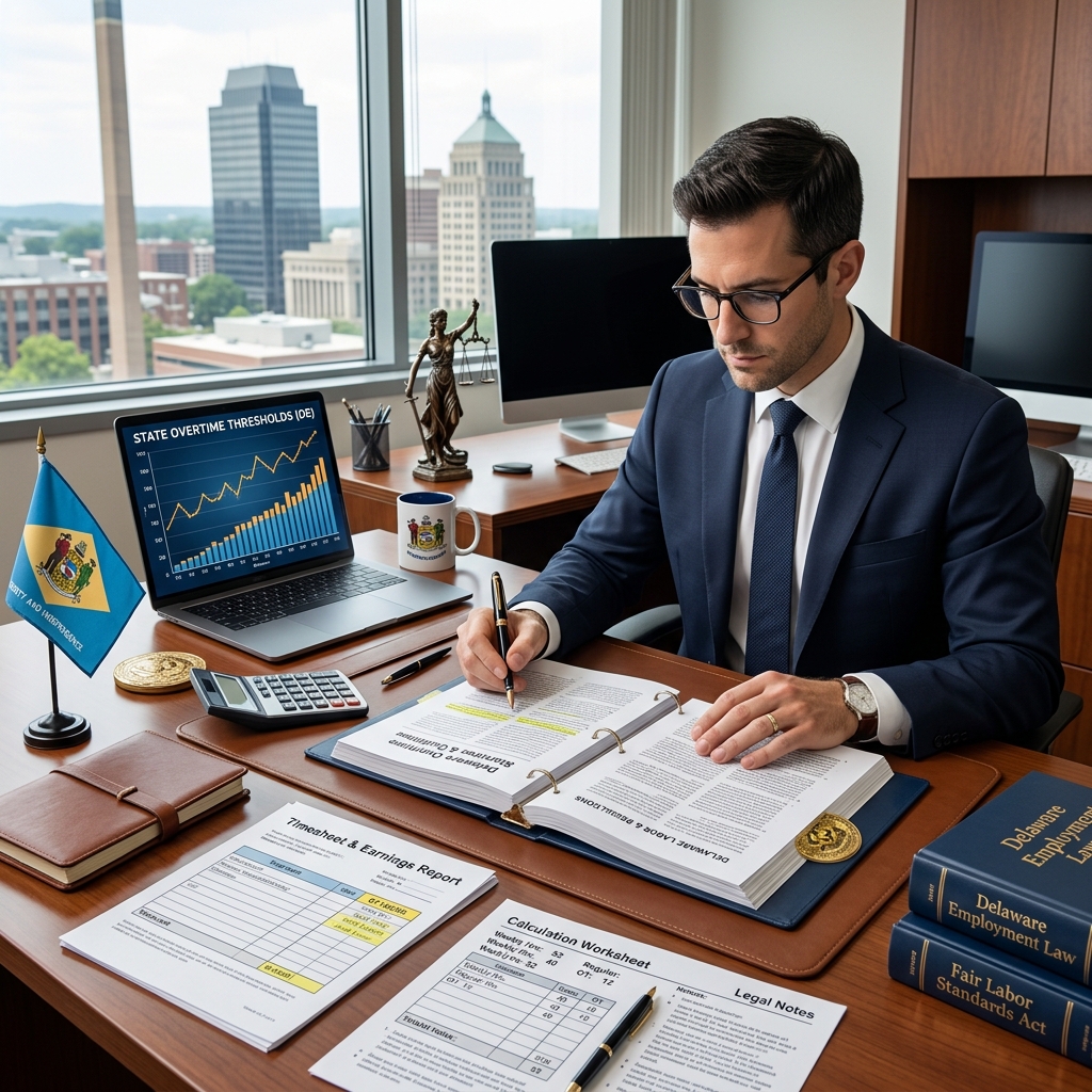 A detailed, plain‑English guide to how overtime pay works in Delaware under federal and state law, including exemptions, meal breaks, and minors.