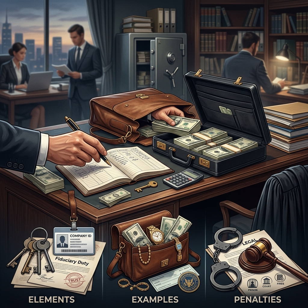 A practical legal guide to the crime of embezzlement, its core elements, real-world scenarios, and potential consequences.