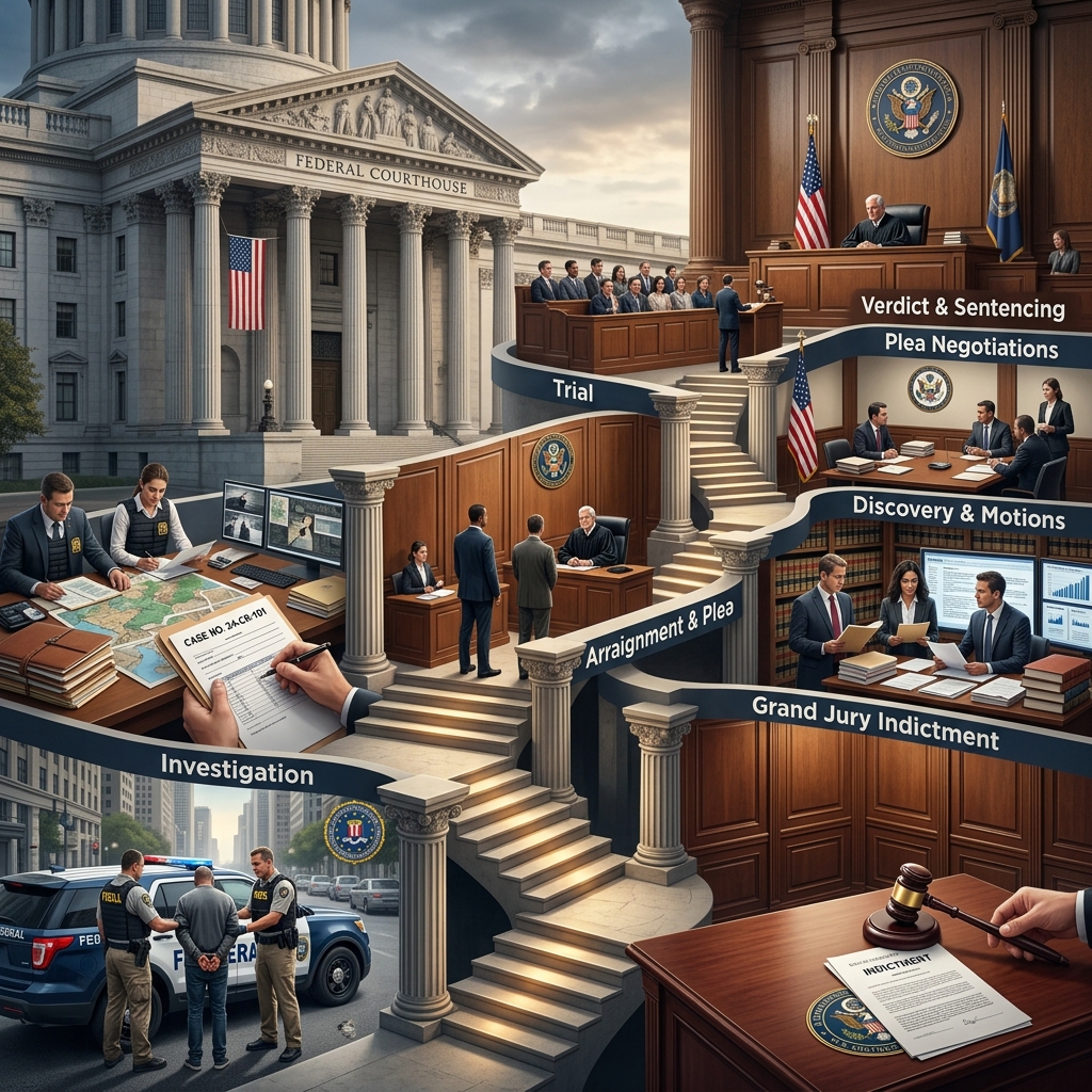 A step‑by‑step guide to how federal criminal cases move from investigation through trial, sentencing, and appeals.