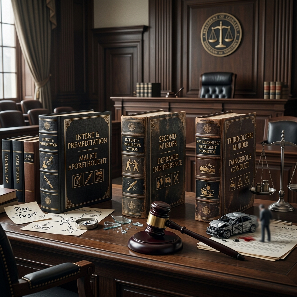 A clear, practical guide to how U.S. law distinguishes between first-, second-, and third-degree murder and related homicide offenses.