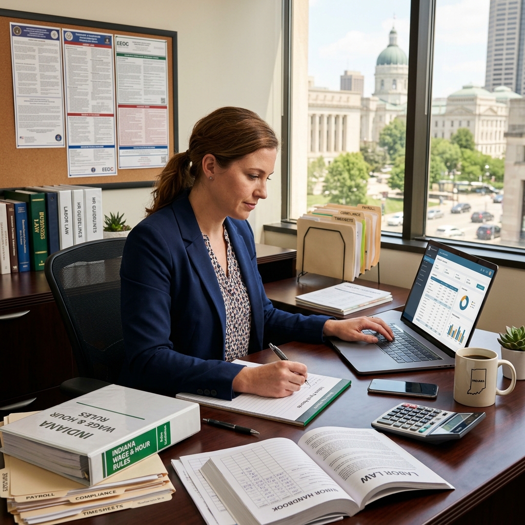 A practical guide to Indiana’s wage, overtime, pay frequency, and break rules for employees and employers.