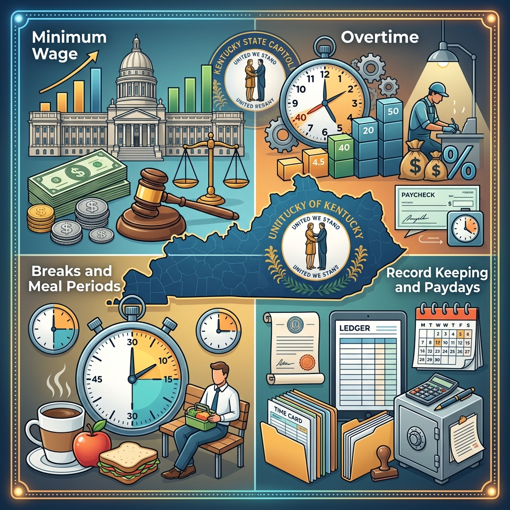 A practical guide to Kentucky minimum wage, overtime, breaks, child labor rules, and wage payment requirements for workers and employers.