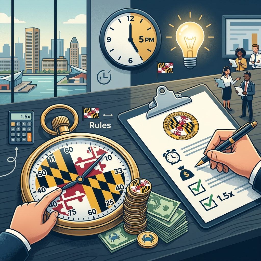 Clear guidance on Maryland overtime rights, exemptions, calculation rules, and enforcement options for workers and employers.