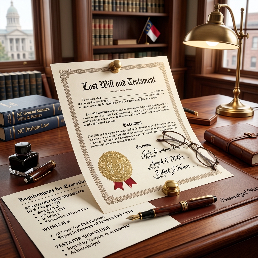 A practical guide to creating, formalizing, and safeguarding a valid last will and testament under North Carolina law.