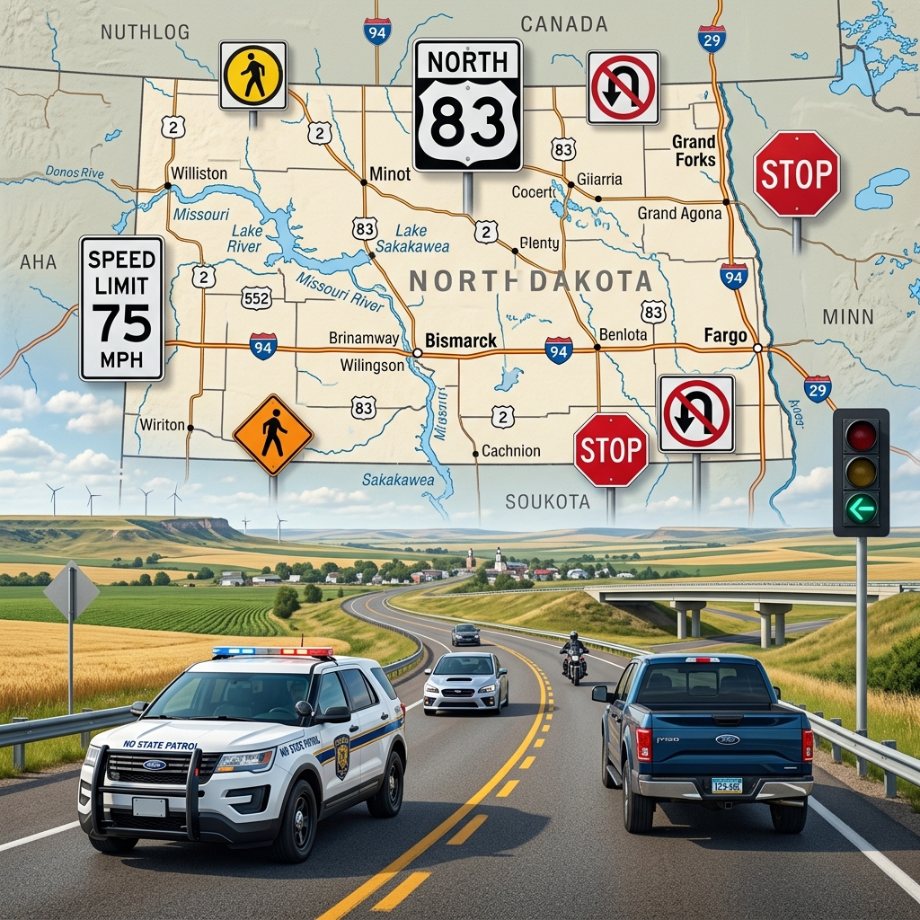 A practical guide to North Dakota traffic rules, driver responsibilities, penalties, and safety requirements for everyday motorists.