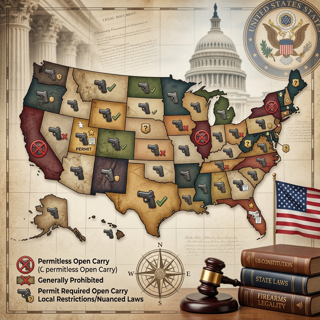 A practical, state-by-state overview of open carry rules, permits, restrictions, and key safety considerations for gun owners.
