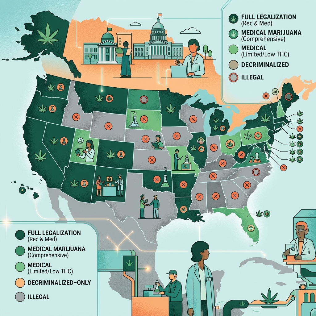 A practical guide to how marijuana is regulated, legalized, criminalized, and rescheduled across different U.S. states and at the federal level.
