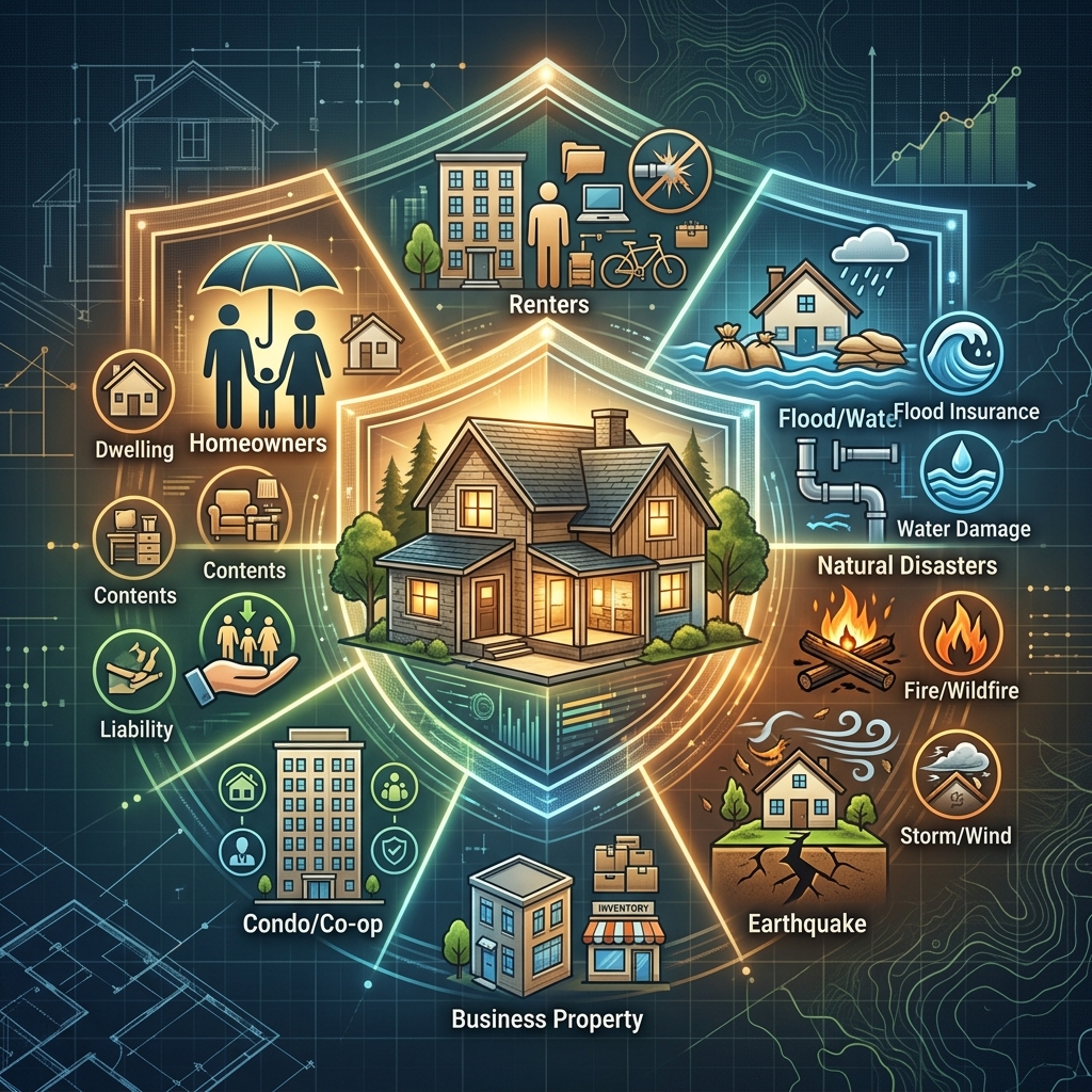Learn how homeowners, renters, condo, flood, earthquake, and commercial property insurance work so you can choose the right protection for your assets.
