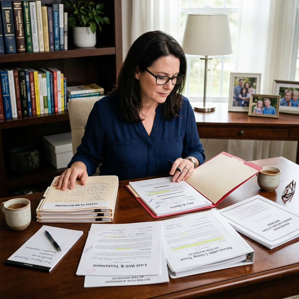 A practical, post-divorce guide to revising your will, trusts, powers of attorney, and beneficiary designations so your estate plan truly matches your new life.