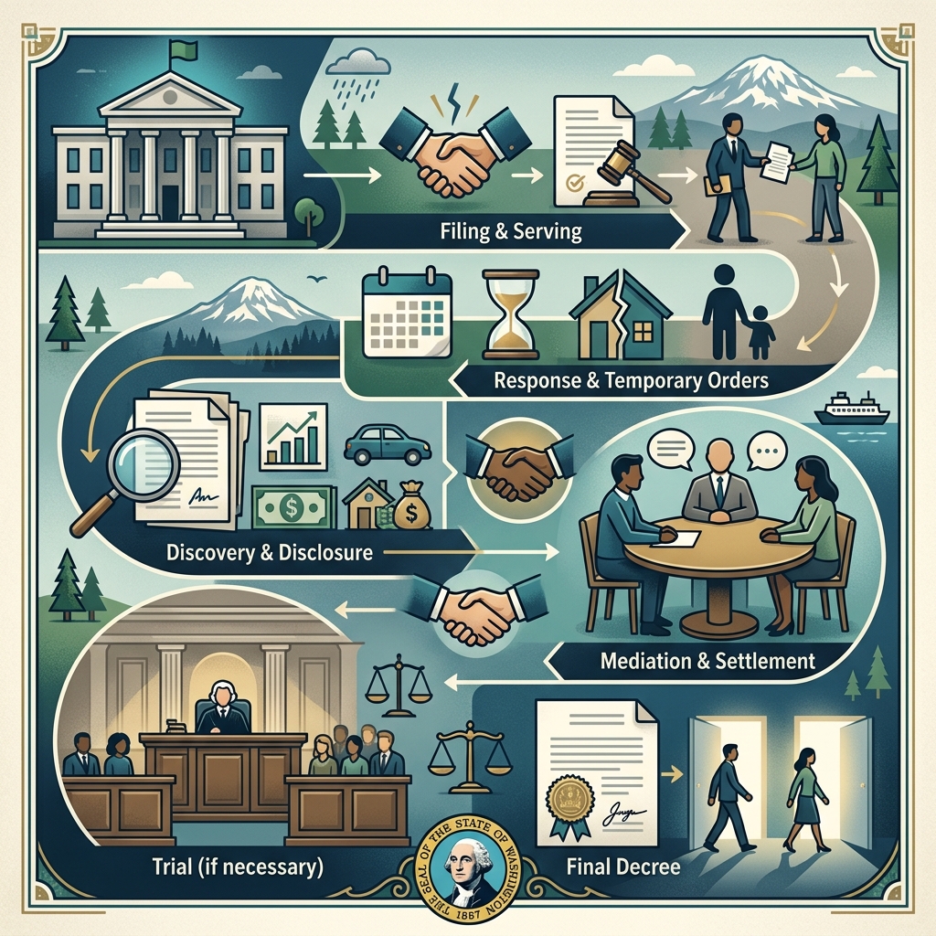 A clear, practical guide to the steps, deadlines, and decisions that shape a Washington divorce.