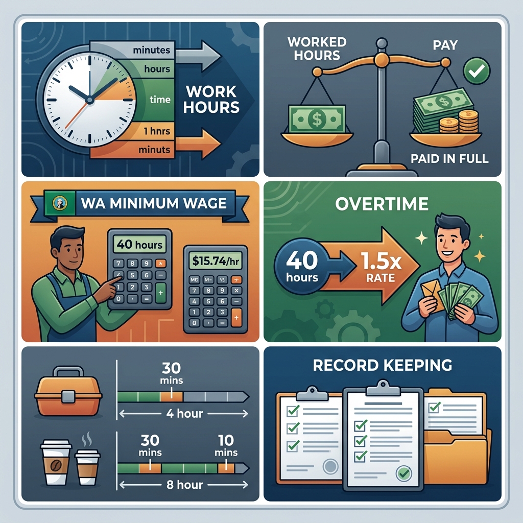 A practical guide to Washington’s minimum wage, overtime, breaks, and pay protections for workers and employers.