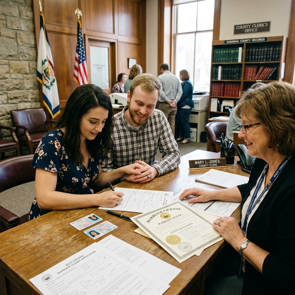 A practical guide to West Virginia marriage license rules, fees, timing, and paperwork.
