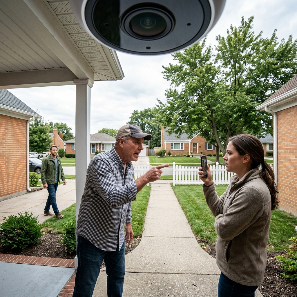 How modern surveillance, neighbor disputes, and the law collide when bad behavior is captured on camera.